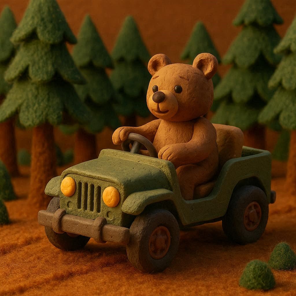A clay‑animated bear in a toy‑like jeep rolling through a forest of felt trees, with handcrafted textures and warm studio lighting.