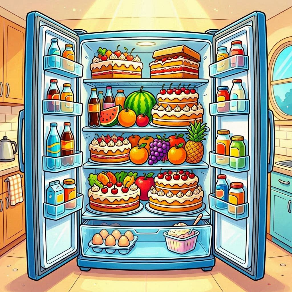A playful cartoon illustration of an open fridge overflowing with exaggeratedly large cakes, fruits, and soda bottles, vibrant saturated colors, whimsical proportions, glowing interior light, fisheye lens effect for comedic impact.