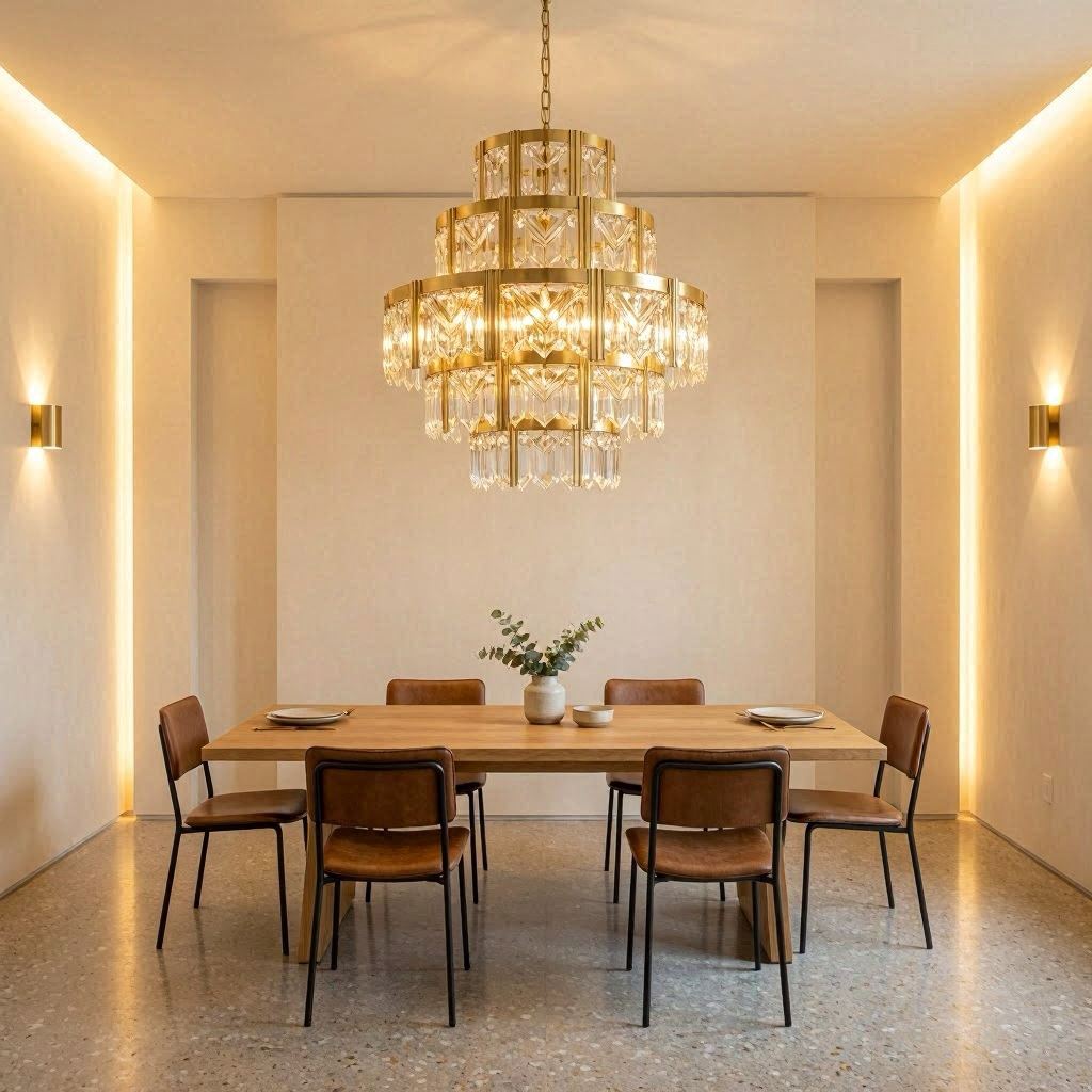 A gold Art Deco-inspired chandelier with geometric crystal patterns glowing warmly above a minimalist dining space, illuminated by ambient uplighting and subtle wall sconces, photographed with tilt-shift technique to emphasize symmetry and architectural lines.