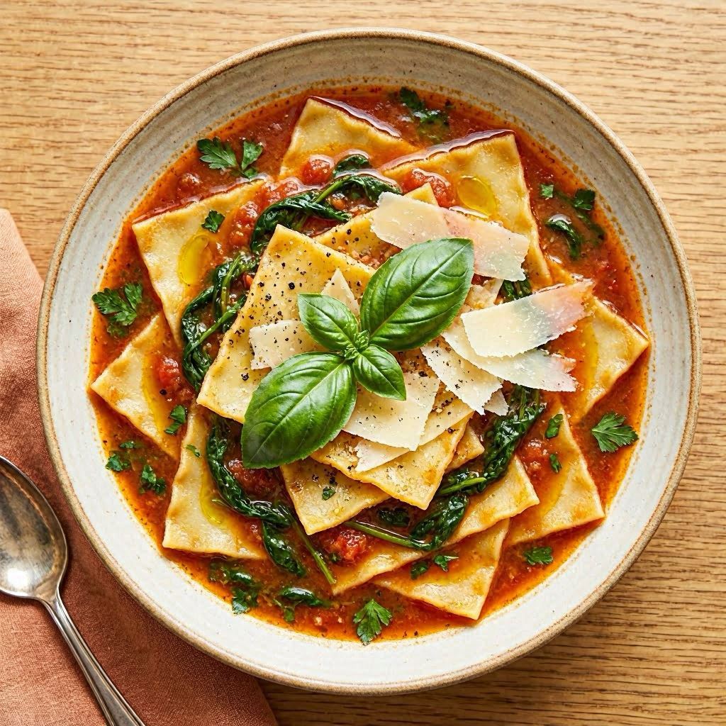 An overhead view of lasagna soup in a ceramic bowl, rich tomato broth swirling around pasta sheets and herbs, garnished with fresh basil and parmesan shavings, shot in natural diffused daylight, complementary reds and greens, captured with a flat-lay 35mm lens setup.
