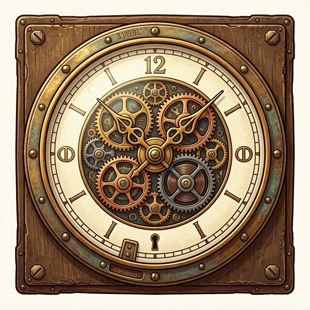 A steampunk-style vector drawing of a clock with ornate fork hands, brass gears visible behind the face, rich bronze and copper tones, intricate detailing, vintage industrial aesthetic.