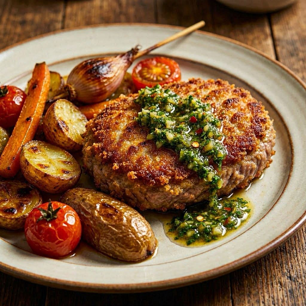 Juicy beef milanesa topped with vibrant green chimichurri sauce, served on a ceramic plate with roasted vegetables, dramatic chiaroscuro lighting, rich complementary reds and greens, macro food photography using a 100mm lens for texture detail.