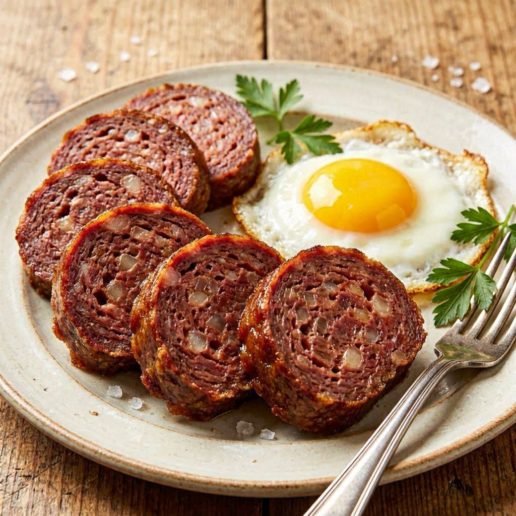 A close-up of richly textured blood pudding slices with a glossy, crispy exterior, plated beside a sunny-side-up egg with a vibrant golden yolk, set on a rustic wooden table in warm morning light, captured with a 100mm macro lens for sharp detail and shallow depth of field, earthy tones enhancing the hearty breakfast mood.