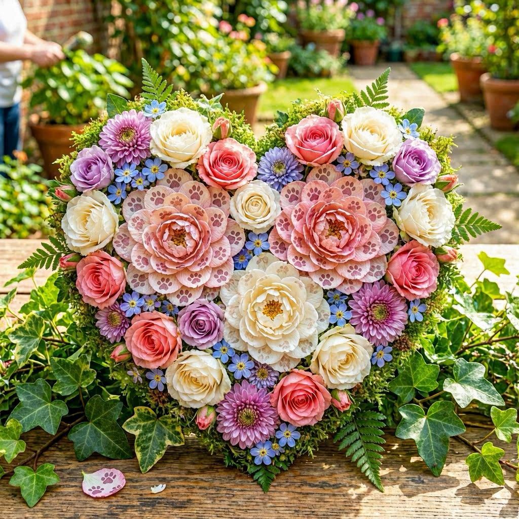 An intricate botanical arrangement forming a heart shape, each flower petal subtly patterned with tiny paw prints, surrounded by lush greenery, captured in bright natural daylight with vibrant color saturation and shallow depth of field.