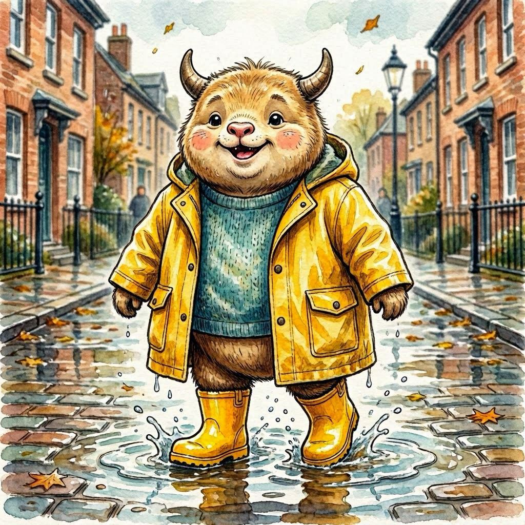 A round-bodied horned creature wearing an oversized yellow raincoat and boots, splashing in puddles under a cloudy sky, illustrated in vibrant marker colors, soft diffused light, shallow depth of field to focus on the joyful expression.