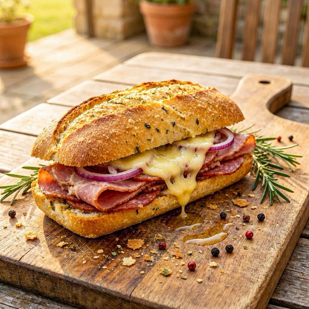 A hearty Italian sandwich with layers of salami, ham, onions, and melted cheese inside a toasted herb bread roll, placed on a weathered wooden cutting board surrounded by sprigs of rosemary and scattered peppercorns, warm golden-hour lighting, captured in 50mm prime lens shallow depth of field for rich texture detail.