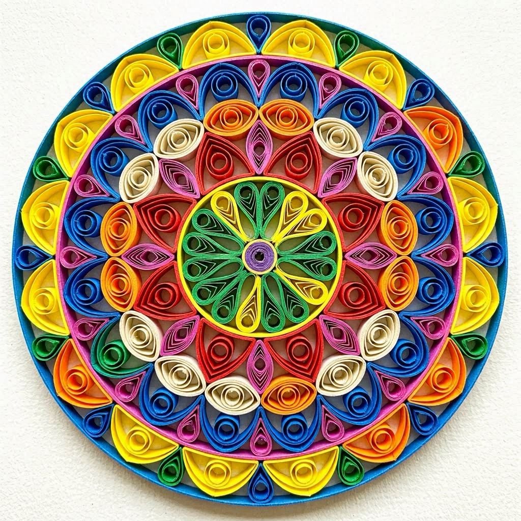 A symmetrical mandala pattern created from multicolored quilled paper strips in concentric circles, photographed from above in a flat-lay style, evenly lit with softbox lighting, colors enhanced for rich saturation, captured with a 50mm prime lens.