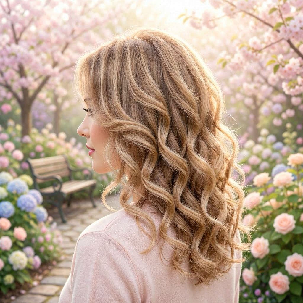 A romantic medium-length layered hairstyle curled into voluminous spirals, set in a blooming spring garden, pastel floral tones, soft backlighting through petals, dreamy haze effect, 70-200mm telephoto lens for creamy background blur.