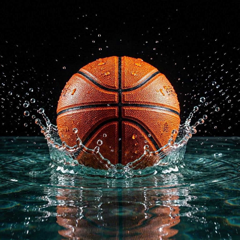 An orange basketball ball hitting water, sending droplets flying in all directions, frozen in time with high-speed flash photography, vibrant colors against a black background, 85mm lens, ultra-fast shutter speed for crystal-clear splash detail.