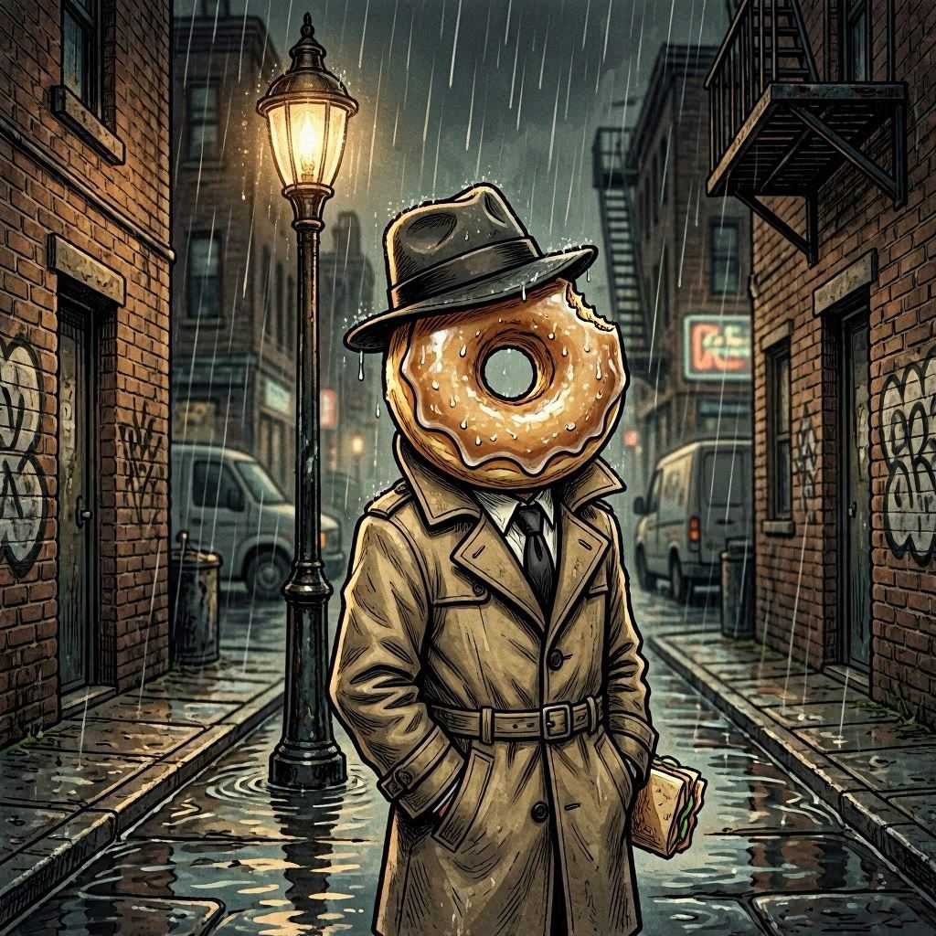 A cartoon donut wearing a trench coat and fedora, standing under a flickering streetlamp in a rainy alley, moody noir comic style, dramatic chiaroscuro lighting, muted sepia and gray palette, cinematic tilt-shift perspective.