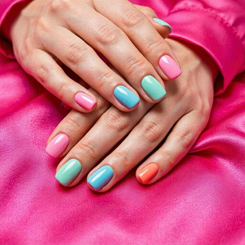 Vibrant pastel nails in pink, aqua blue, mint green, and coral orange, arranged gracefully over hot pink silk folds, illuminated by overhead soft light, captured with a 35mm lens for intimate framing and rich color saturation.