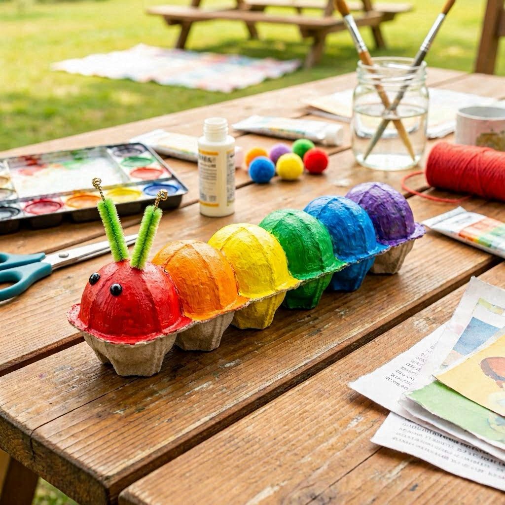 A cheerful egg carton caterpillar painted in bright rainbow colors with fuzzy pipe cleaner antennae, set on a sunny picnic table surrounded by scattered craft supplies, captured in soft natural daylight with vibrant complementary hues, photographed using a 50mm lens with shallow depth of field for a cozy handmade feel.