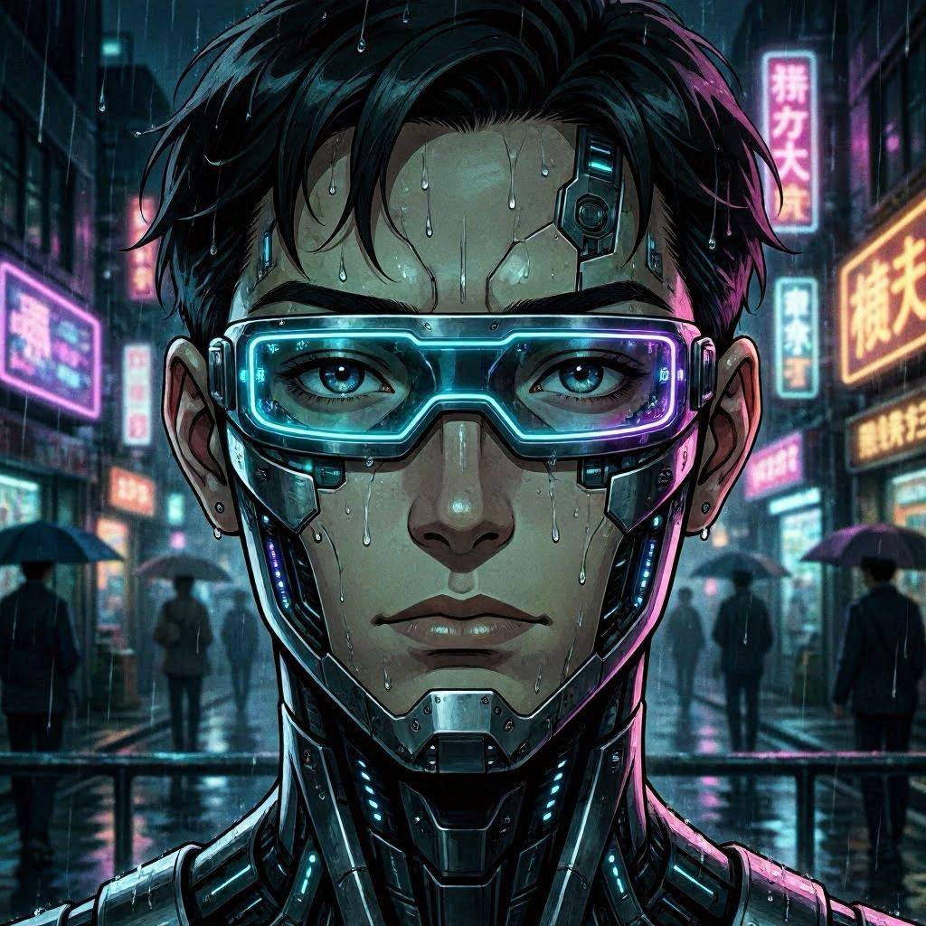 An anime-inspired close-up portrait of a cyberpunk cyborg guy with intricate facial implants and a glowing visor, raindrops streaking down his face, set against blurred neon signage, moody high-contrast lighting, 85mm lens for intimate focus, deep shadows with electric highlights.