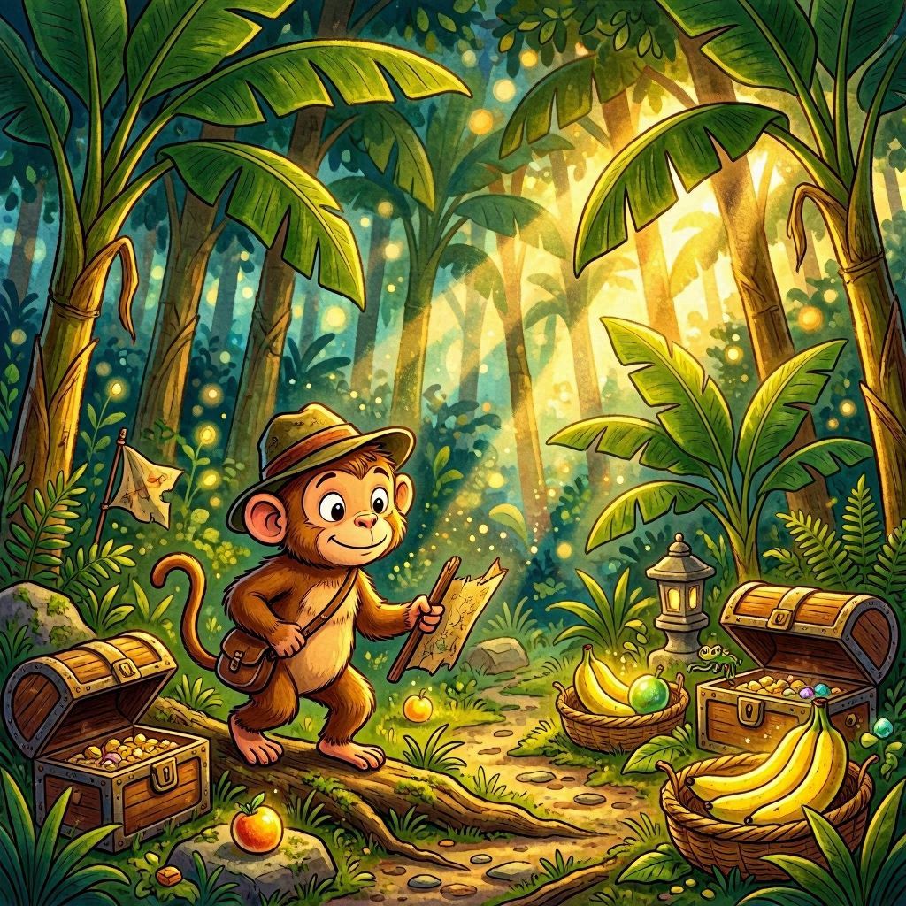 An adventurous cartoon monkey wearing a tiny explorer hat, navigating a dense banana grove filled with treasure chests and glowing fruit, shafts of golden light breaking through canopy, painted in rich storybook illustration style, deep bokeh background to emphasize character focus.