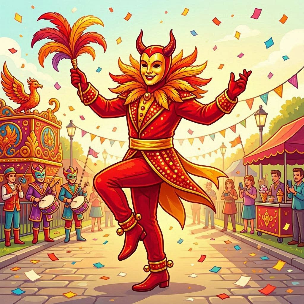 A festive devil character in bright red and gold costume, adorned with feathers and sequins, captured mid-dance at a carnival parade, confetti-filled background, bold flat colors, stylized vector illustration with celebratory energy.