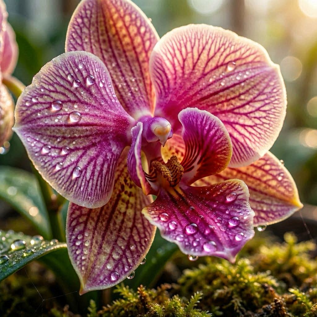 An extreme close-up of an animated orchid slowly blooming, dew drops forming and sliding down its petals, hyper-detailed 3D render with photoreal textures, dramatic side lighting, and macro lens depth of field for intimate botanical beauty.