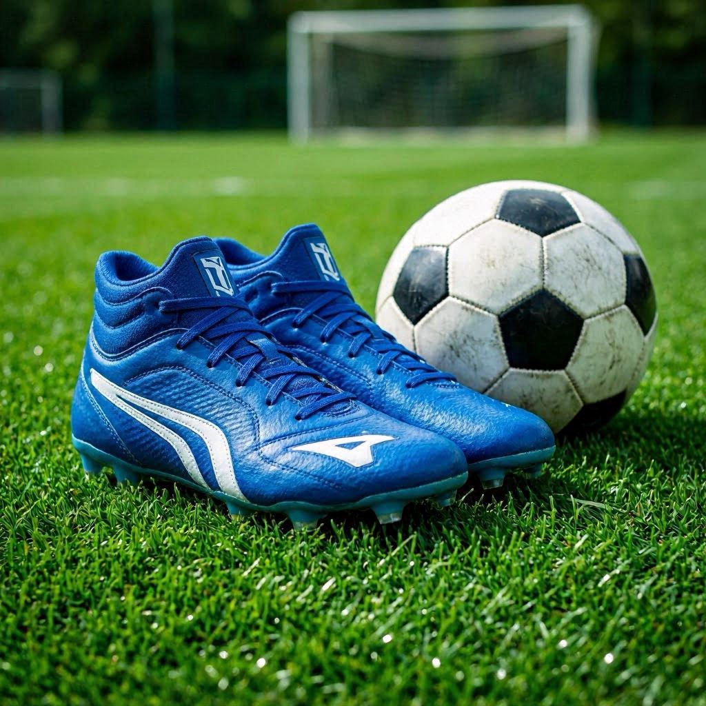 Close-up product shot of blue soccer cleats with white accents and a high ankle collar, resting on lush green grass beside a classic black-and-white soccer ball, captured in crisp studio lighting outdoors, complementary blue-green palette, 50mm lens shallow depth of field.