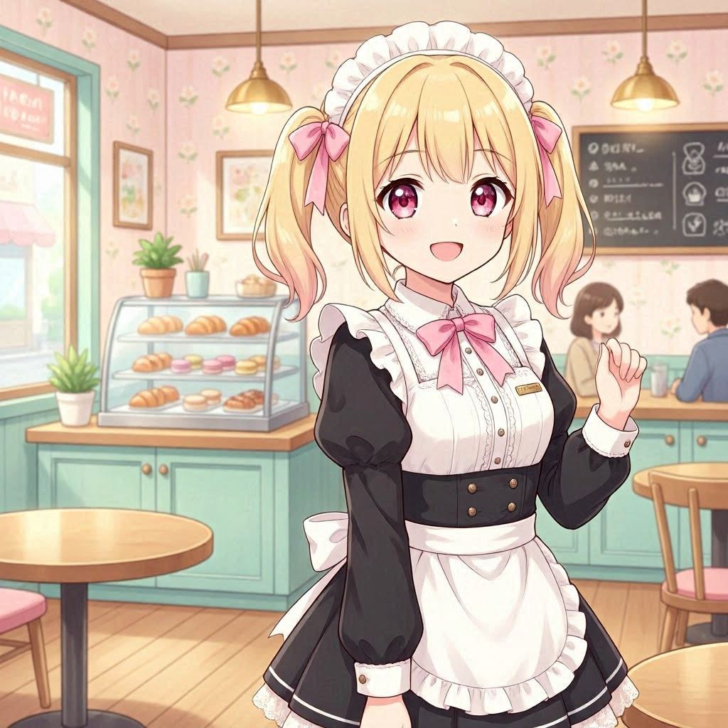 A cheerful anime girl in moe art style with large sparkling pink eyes, blonde pigtails tied with ribbons, wearing a frilly white and black maid outfit with lace trim, standing in a cozy pastel-colored café interior, soft glowing light from hanging lamps, warm complementary pink and cream tones, captured in a 50mm shallow depth of field illustration.