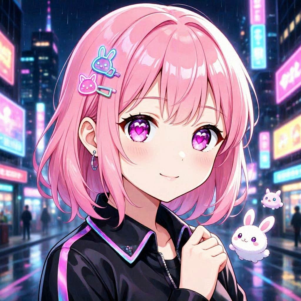 An anime-inspired aesthetic pfp featuring a pink-haired character with heart-pupil eyes and delicate blush, surrounded by glowing neon bunny and animal clip accents, small white bunny and creature floating beside her in a cyberpunk city night backdrop, rim-lit in magenta and cyan, captured with a 50mm f/1.4 lens for creamy bokeh.