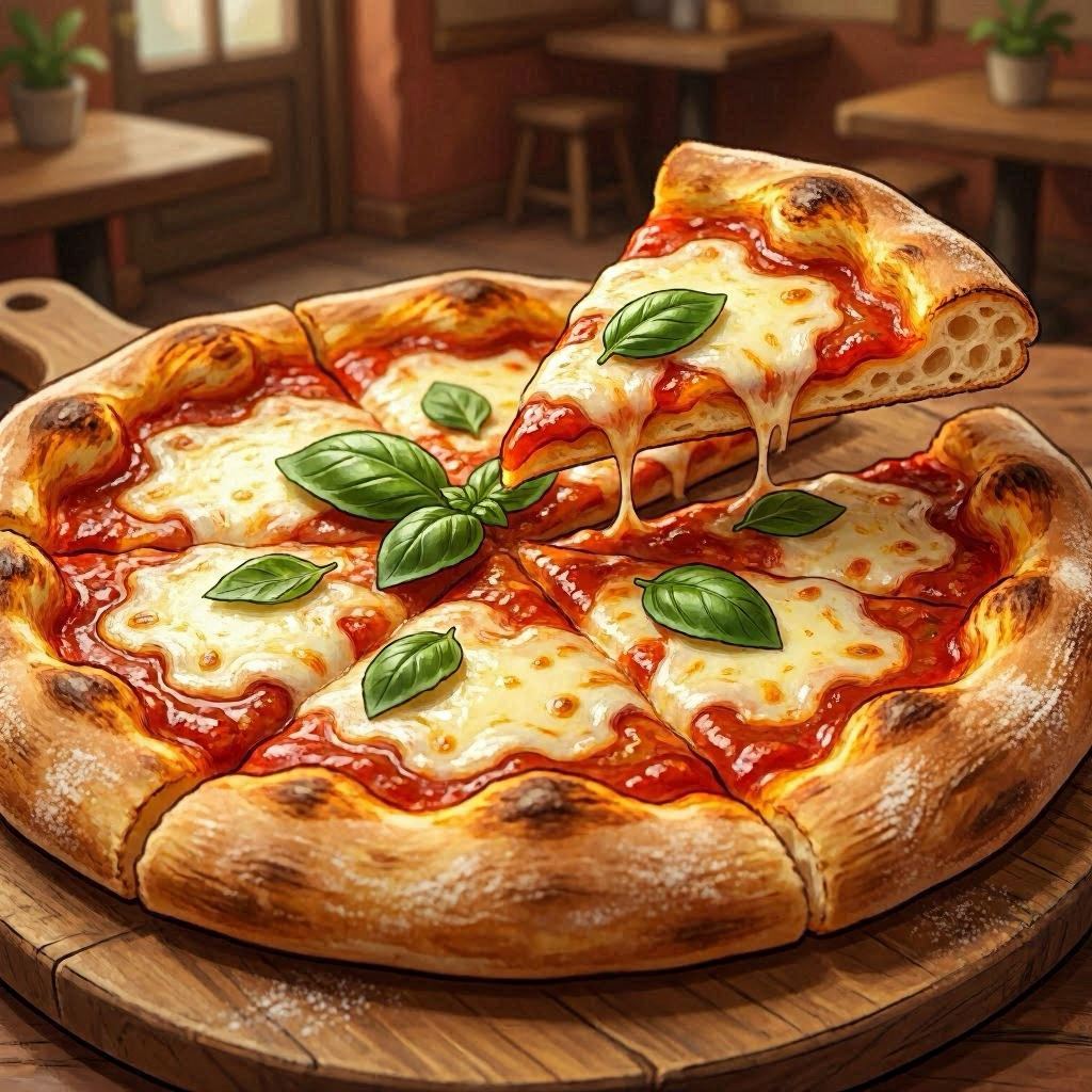 A stylized 3D render mimicking a hand-drawn look of a thick-crust pizza with glossy tomato sauce, melty mozzarella, and fresh basil, one slice hovering slightly above the rest, soft studio lighting, warm earthy tones, shallow depth of field.