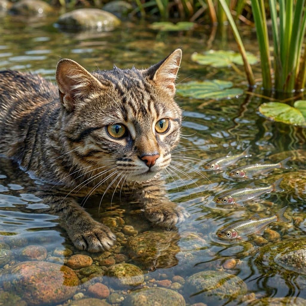 An endangered fishing cat partially submerged, eyes locked on darting fish beneath the surface, viewed through crystal-clear water, rendered in photorealistic 3D, dappled sunlight filtering through ripples, macro perspective with extreme clarity on whiskers and fur texture.