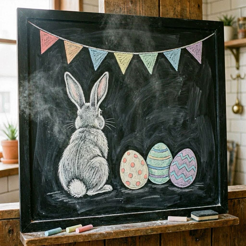 A whimsical chalkboard artwork showing a back-facing bunny with tall ears, playful polka-dot and striped eggs nearby, rainbow bunting strung across the top, chalk dust creating a magical haze, under soft diffused daylight, photographed with a tilt-shift lens for artistic blur.