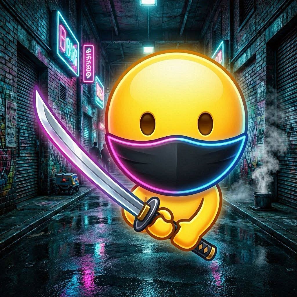 A stylized ninja emoji with a glowing yellow face and black mask, outlined in vibrant neon pink and blue lights, holding a katana mid-swing in a cyberpunk alleyway, volumetric fog, complementary teal and magenta color scheme, wide-angle lens effect.