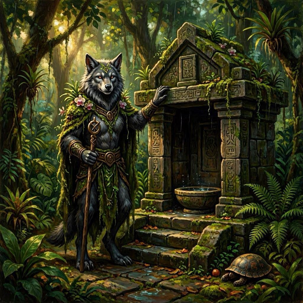 A noble female werewolf draped in moss and vines, guarding an ancient stone shrine deep in a lush rainforest, hand-painted fantasy illustration, dappled golden hour light filtering through dense canopy, earthy greens and warm highlights, tilt-shift focus on her face.