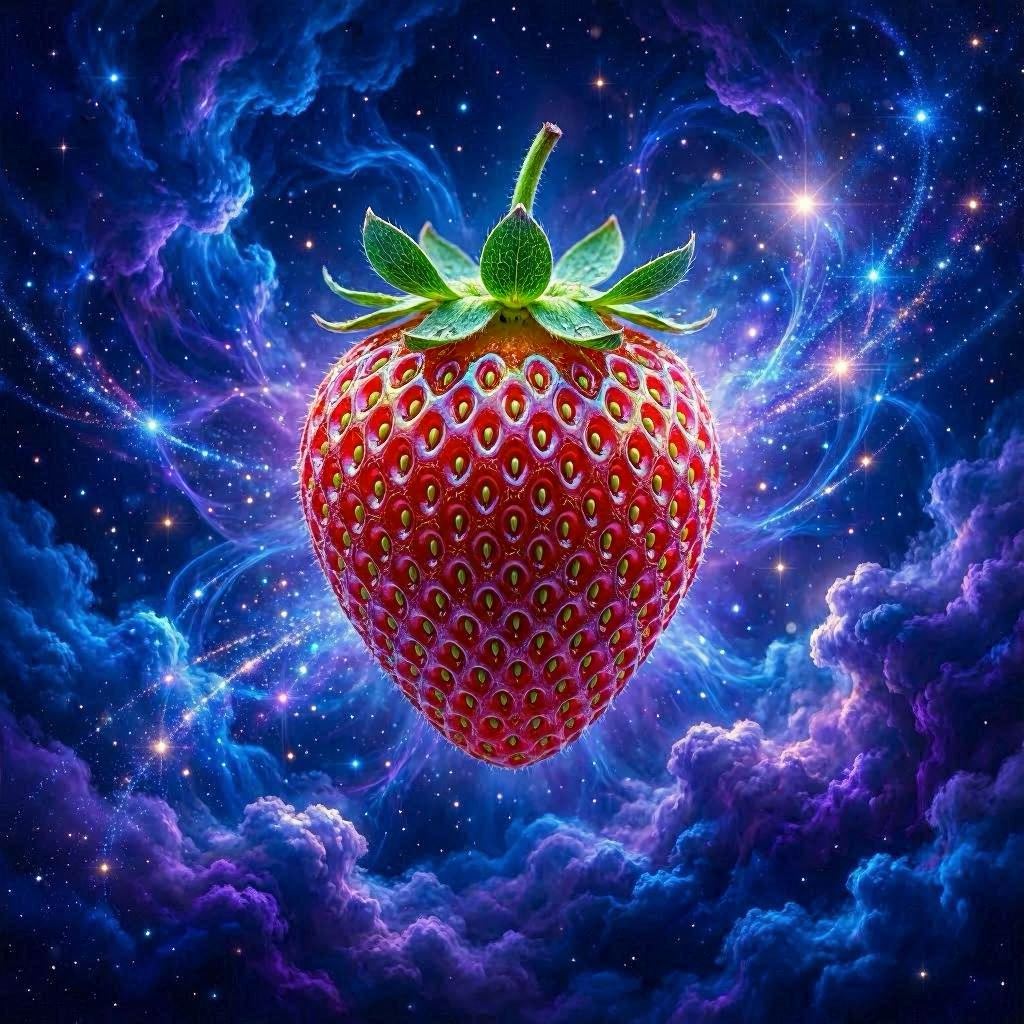 A surreal digital artwork of a ripe strawberry floating through a cosmic galaxy, surrounded by swirling nebula clouds in purples and blues, glowing stardust trails, rendered in ultra-high detail with iridescent highlights.