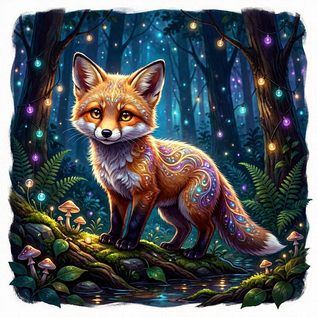A stylized digital painting of a baby fox with glowing eyes and ethereal fur patterns, standing in an enchanted forest with floating lights, rich jewel-toned colors, rendered in ultra-detailed fantasy art style using Unreal Engine 5.