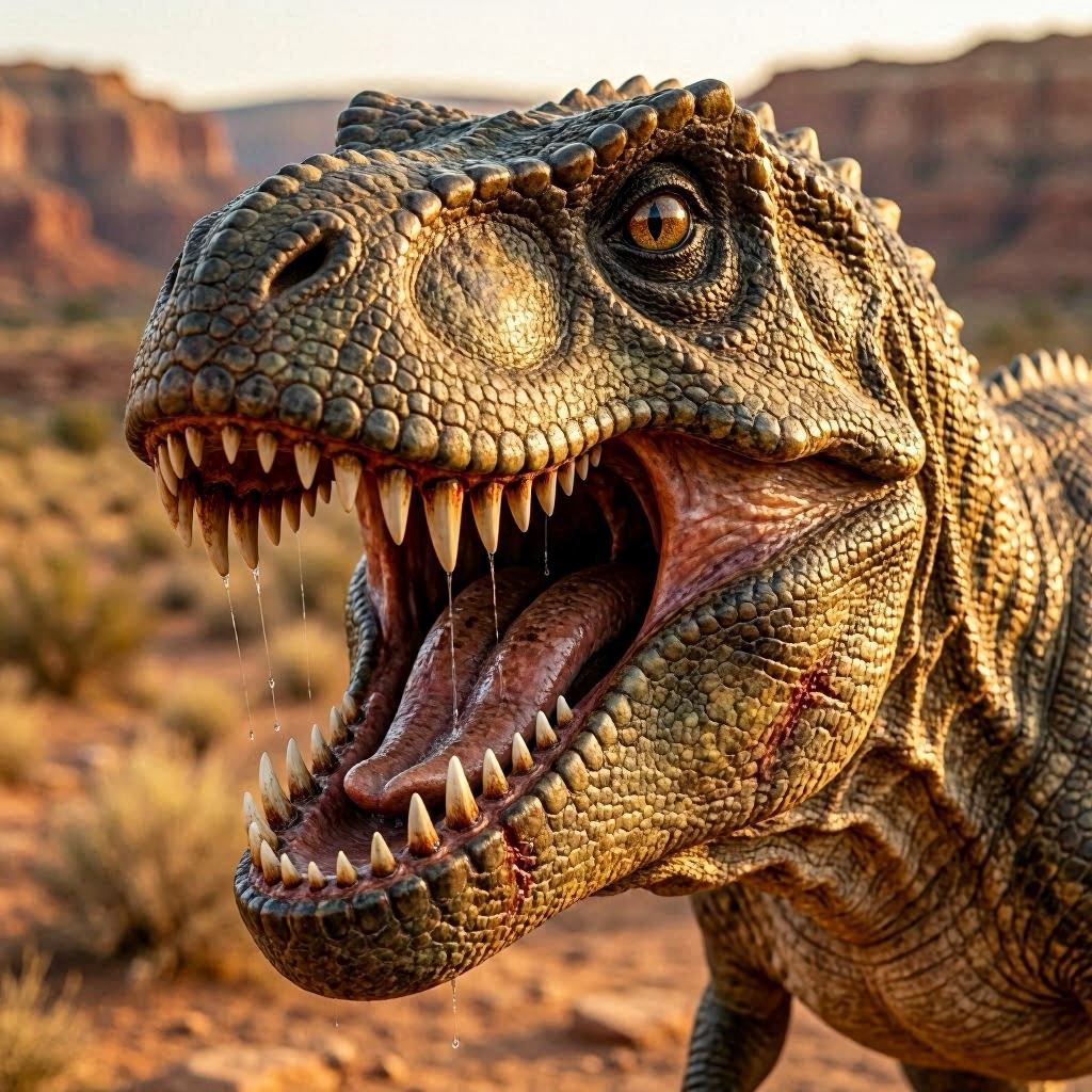 An intense close-up portrait of a roaring tyrannosaurus rex, mouth agape revealing serrated teeth, set against a blurred arid canyon backdrop, high-contrast lighting with rim highlights, deep bokeh f/1.8, ultra-detailed 3D render with photorealistic textures.