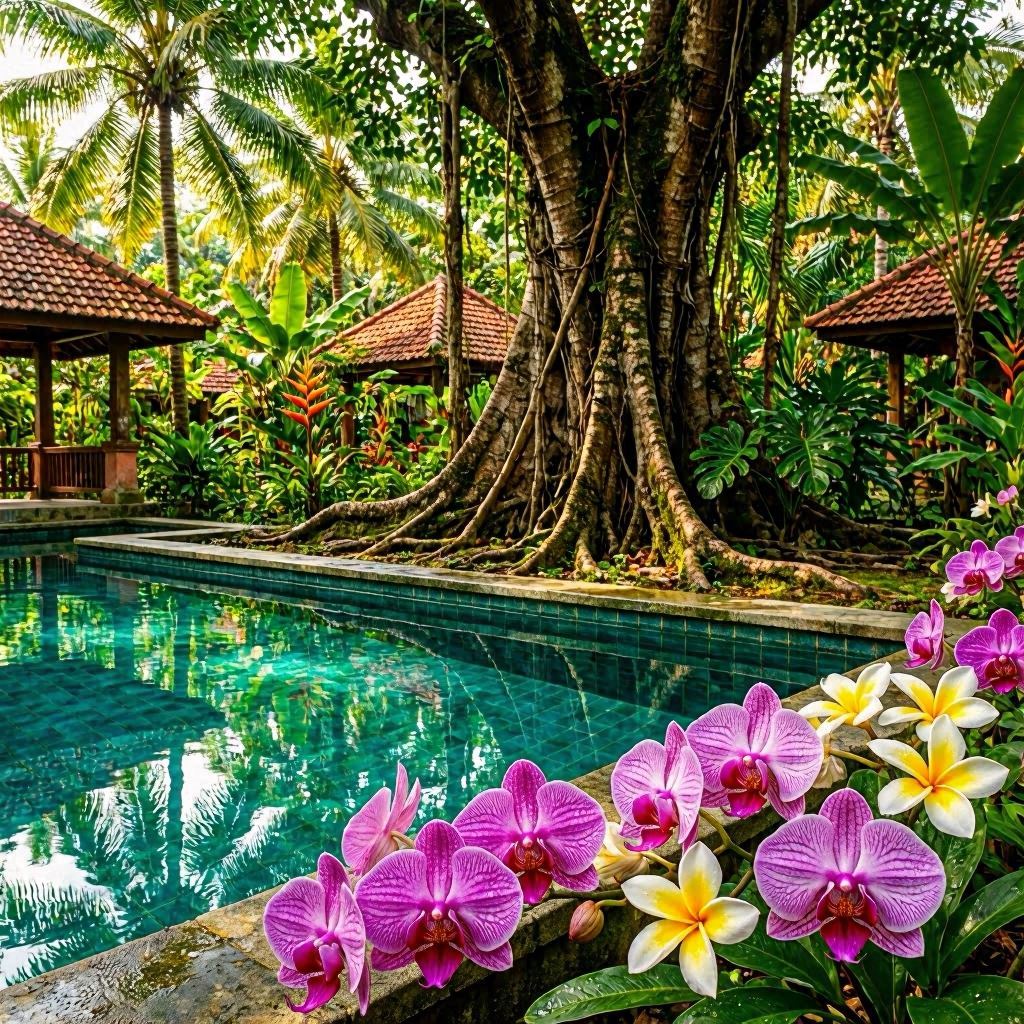 Ground-level view of Banyan Tree Phuket’s poolside surrounded by dense tropical foliage, orchids and frangipani flowers in bloom, red-roofed pavilions peeking through greenery, dappled sunlight filtering through palm fronds, macro depth-of-field effect highlighting floral details.