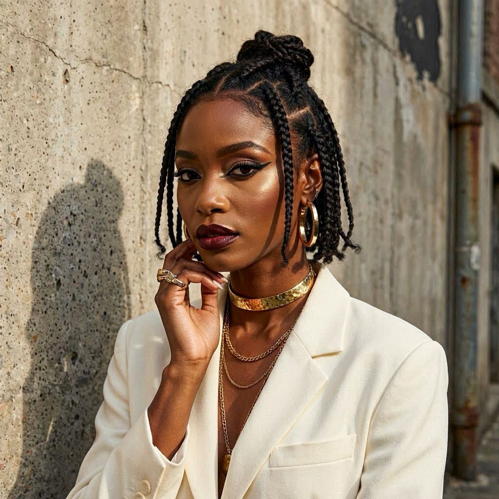 A high-fashion editorial shot of boho bob knotless braids paired with bold makeup and layered jewelry, set against a textured concrete wall, dramatic side lighting, 70-200mm telephoto lens for compressed perspective.