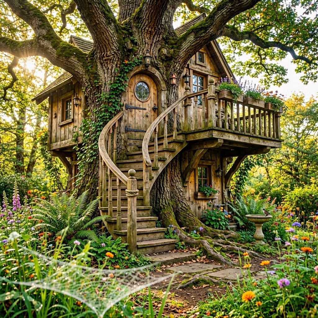 A whimsical treehouse built into the trunk of a massive oak, featuring a handcrafted spiral staircase leading to a flower-adorned balcony, surrounded by lush ferns and wildflowers, dappled sunlight streaming through branches, macro foreground blur with sharp midground focus.