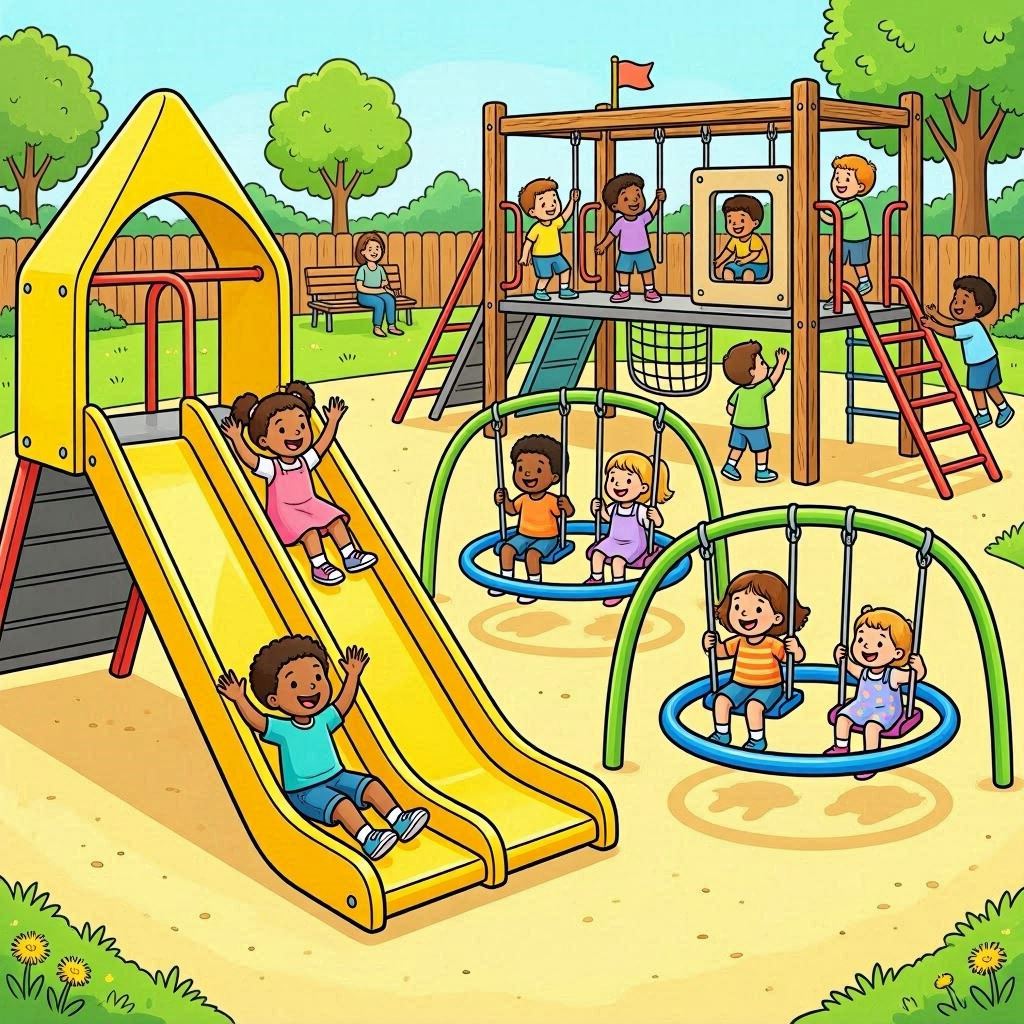Slides shaped like triangles, swings shaped like circles, and climbing frames shaped like rectangles, filled with diverse happy children playing, bright midday sunlight, cartoon style with thick outlines, lively and engaging for preschoolers.