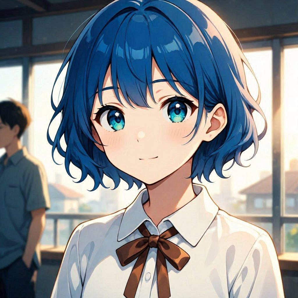 An anime-style avatar close-up of a character with short wavy blue hair, expressive eyes, and a white top with a brown ribbon at the neck, another figure blurred in the background, soft-focus cinematic lighting, painted in vibrant cel-anime style.