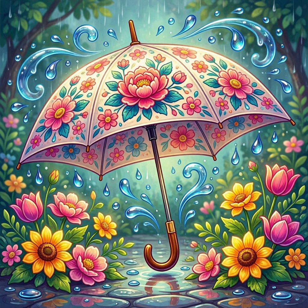 A decorative clip art of a floral-patterned umbrella open in the rain, surrounded by blooming flowers and swirling water droplets, vibrant complementary colors, digital painting style with soft glow highlights and smooth gradients.