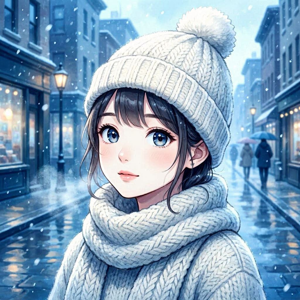A cozy anime girl wearing a knitted beanie with fluffy pom-pom, wrapped in a thick scarf, standing in softly falling snow on a quiet city street, hand-painted illustration style, cool blue and white palette, illuminated by soft ambient winter light, close-up portrait framing.