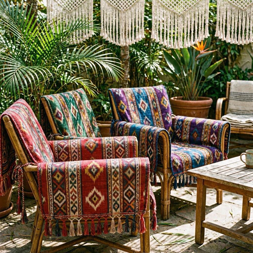 Patterned bohemian-style outdoor furniture armrest covers with tassels, adorning mismatched rattan chairs surrounded by potted palms, dappled sunlight filtering through macramé canopies, vibrant jewel-tone palette, 35mm lens shallow focus.
