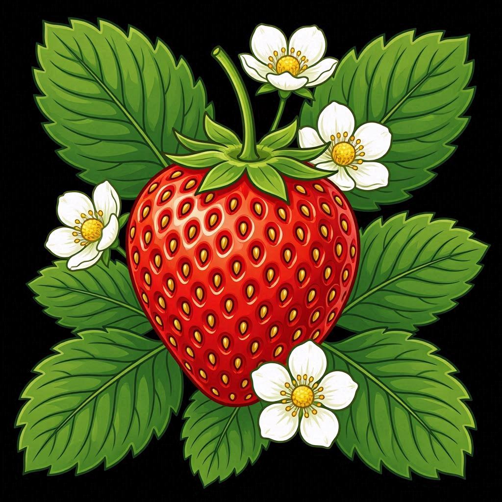A bright red strawberry surrounded by four deep green leaves and three delicate white blossoms with yellow centers, illustrated in detailed botanical clipart style, on a plain black background, crisp edge definition, vibrant complementary colors.