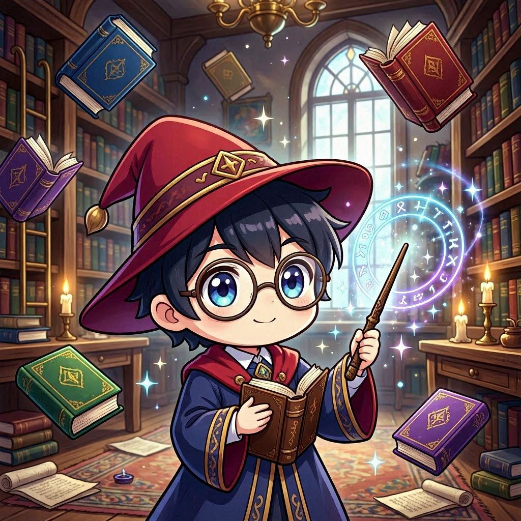An anime chibi cute wizard student casting sparkly spells in a whimsical library, floating books and glowing runes, warm candlelight, cel-shaded digital art with jewel-toned colors, dynamic low-angle shot.