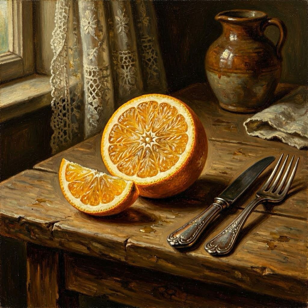 A rustic still life composition featuring an orange fruit sliced open beside antique silverware on a weathered wooden table, soft window light filtering through lace curtains, muted earth tones, painted in a Dutch Golden Age oil painting style.