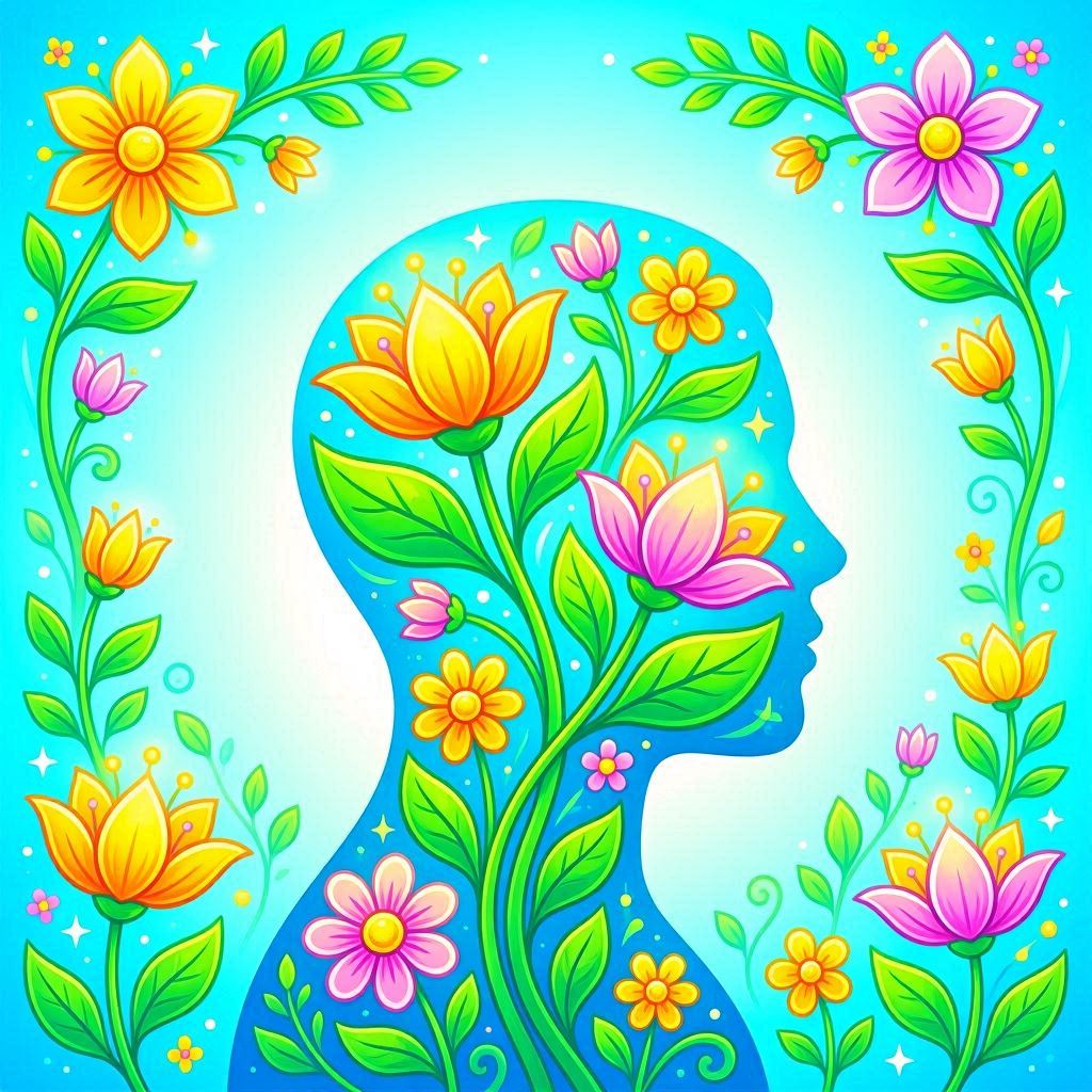 A conceptual wellness clipart depicting a human silhouette filled with blooming flowers and leafy vines, symbolic of mindfulness and growth, vibrant yet harmonious color scheme, glowing ambient light, vector-based for clarity at any size.