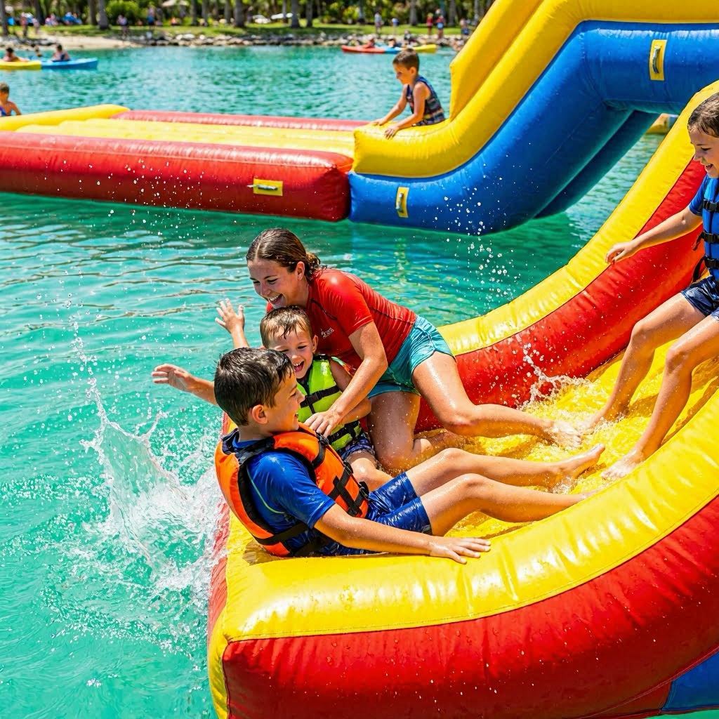 Close-up action shot of children and adults enjoying the inflatable obstacle course at Mirada Lagoon, splashing into the water from a slide, bright primary colors popping against the turquoise lagoon, sunny midday light, fast shutter speed freeze-frame, 35mm sports lens.