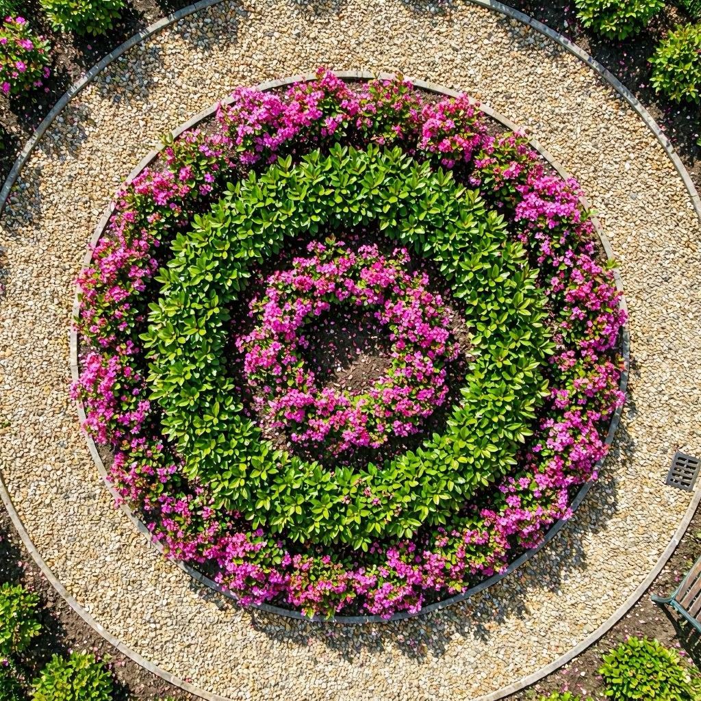Aerial drone shot looking straight down onto a circular weigela planting bed, concentric rings of pink flowers and green leaves, surrounded by gravel paths, midday sun casting crisp shadows, high-resolution clarity with balanced saturation.