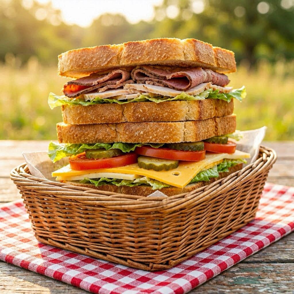 A towering Dagwood sandwich with layers of roast beef, turkey, cheddar, Swiss, lettuce, tomato, and pickles, nestled in a rustic wicker picnic basket on a gingham cloth, soft golden afternoon light, shallow depth of field, 50mm lens, creamy bokeh background.