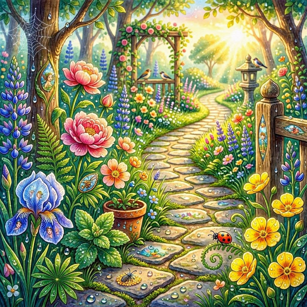 A winding garden path lined with flowers concealing hidden pictures of insects and fairies, whimsical fantasy illustration, morning dew sparkle under soft sunrise light, vibrant springtime colors, macro-lens inspired crisp foreground details.