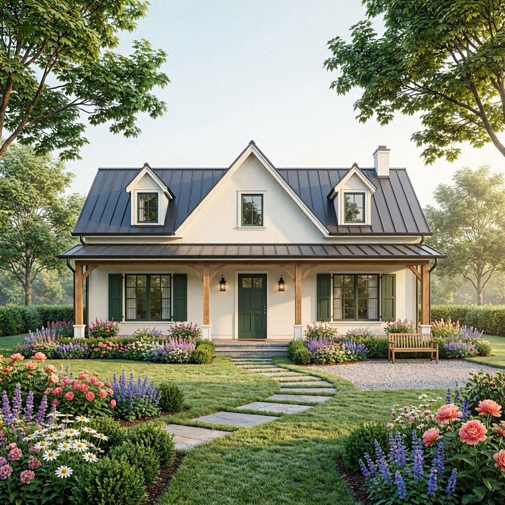 A detailed 3D render of a symmetrical modern farmhouse design with white siding, dark gray roof, green shutters, and twin dormer windows, set in a landscaped yard with blooming flowers, lit by soft morning light, rendered in photorealistic style with V-Ray engine.