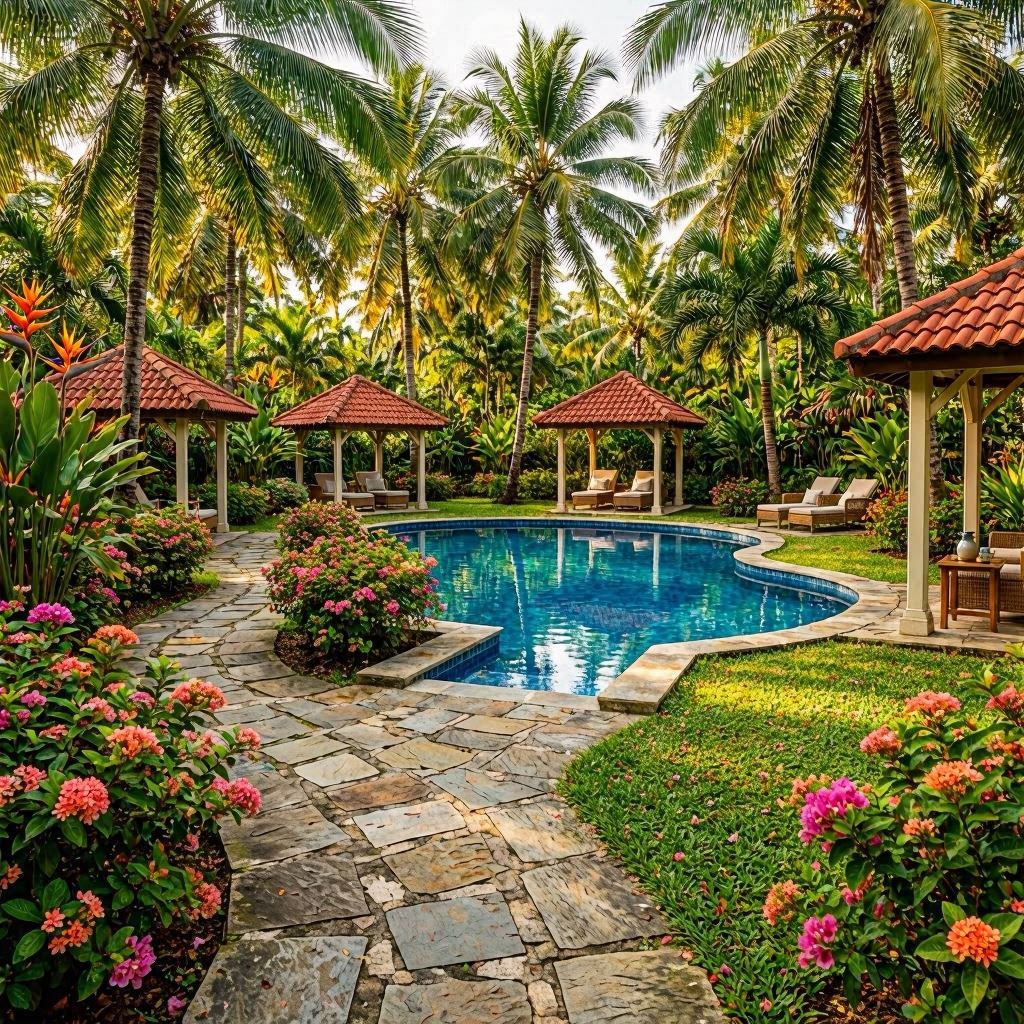 The landscaped tropical gardens of Canyon Cove Batangas, with winding stone paths leading to the central pool, surrounded by flowering plants, towering palms, and red-roofed cabanas, dappled sunlight filtering through leaves, shot with a 100mm macro-telephoto blend for detail and depth.