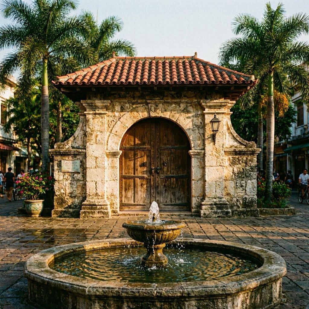 A close-up of Cebu City's historic stone archway entrance with red clay tiles, framed by tropical palms and a bubbling fountain, bathed in late afternoon sunlight casting long shadows, tilt-shift effect for miniature look, rich earthy and teal complementary palette.